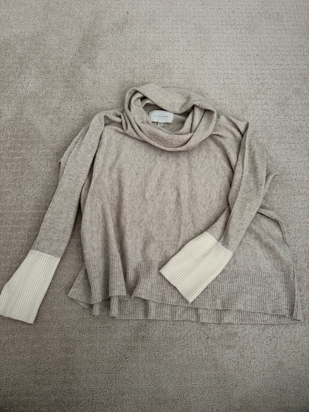 Brochu Walker Taupe Cowl Neck Sweater with Cream Cuffs